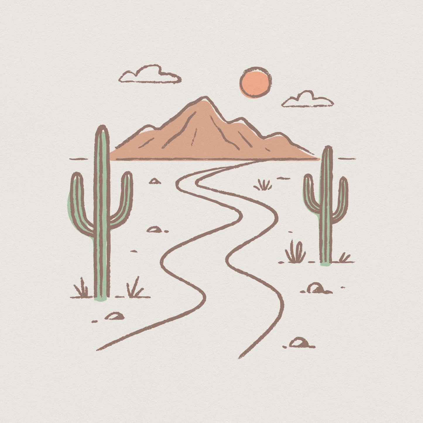 Minimalist Desert PNG Art, Boho Landscape with Cactus and Mountains - 300