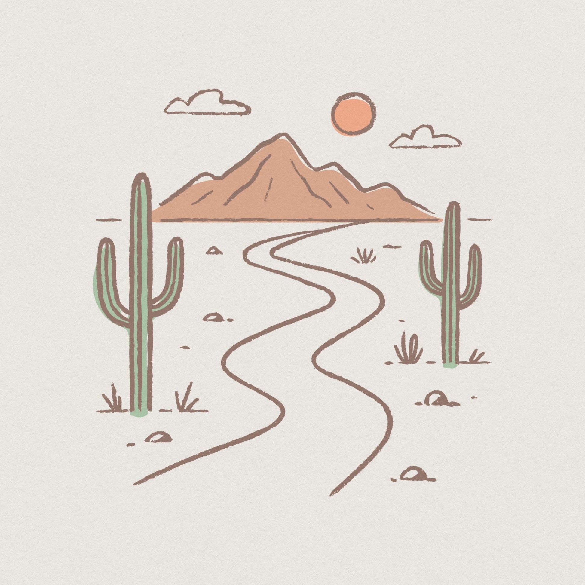 Minimalist Desert PNG Art, Boho Landscape with Cactus and Mountains - 300