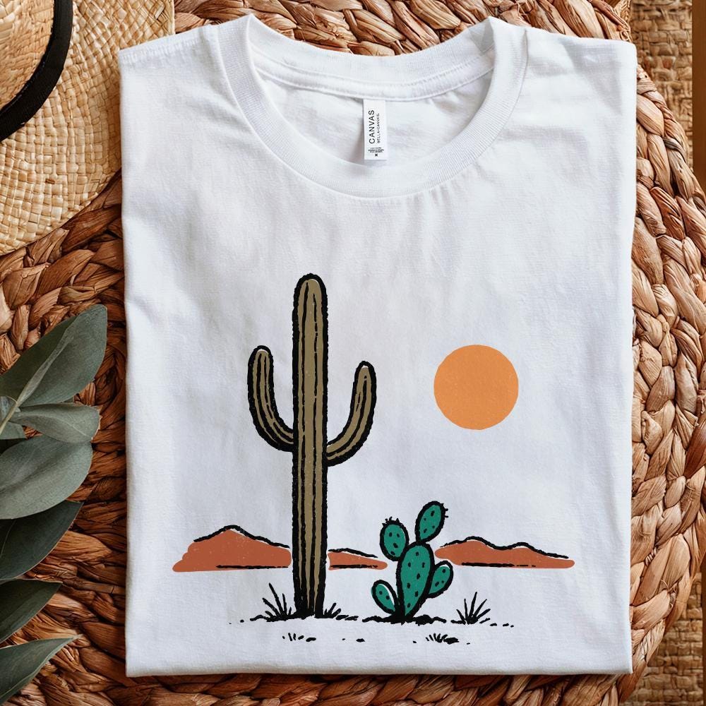 Cactus and Desert Sun PNG, Vintage Southwestern Saguaro Clipart - 300 DPI