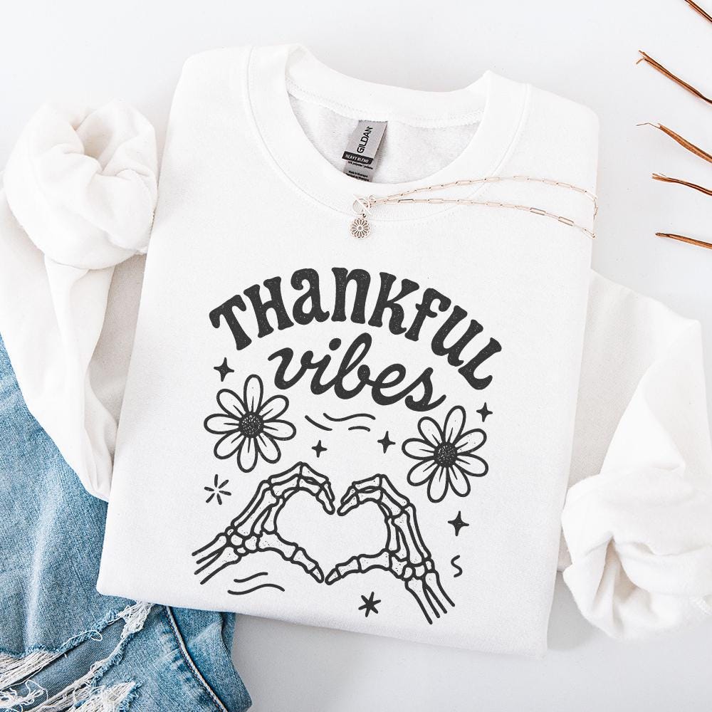 Thankful Vibes PNG Digital Download, Skeleton Heart Hands - 300 DPI