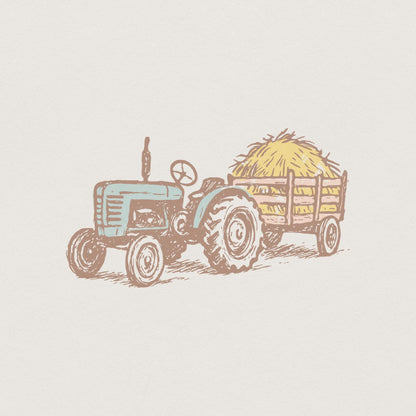 Vintage Tractor and Hay Trailer PNG, Farmhouse Rustic Digital Download