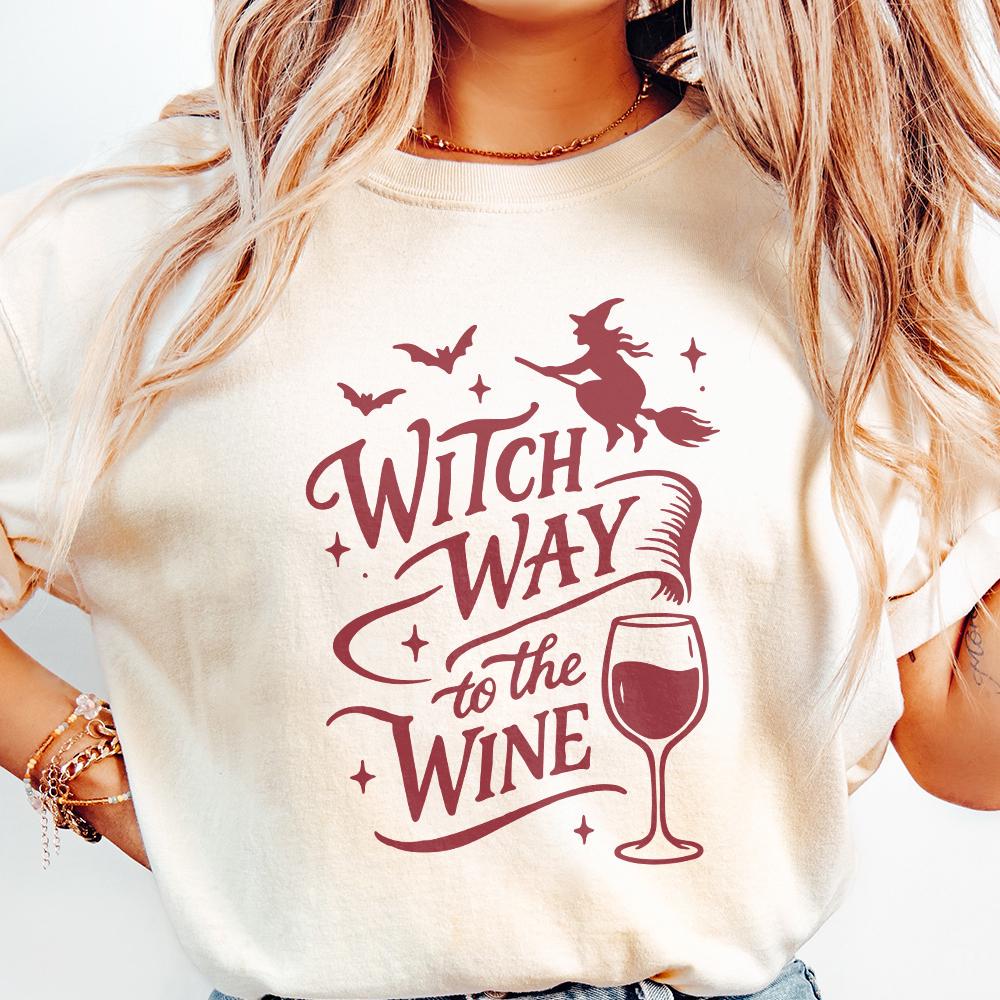 Witch Way To The Wine PNG T-Shirt Design, Funny Halloween PNG For Wine