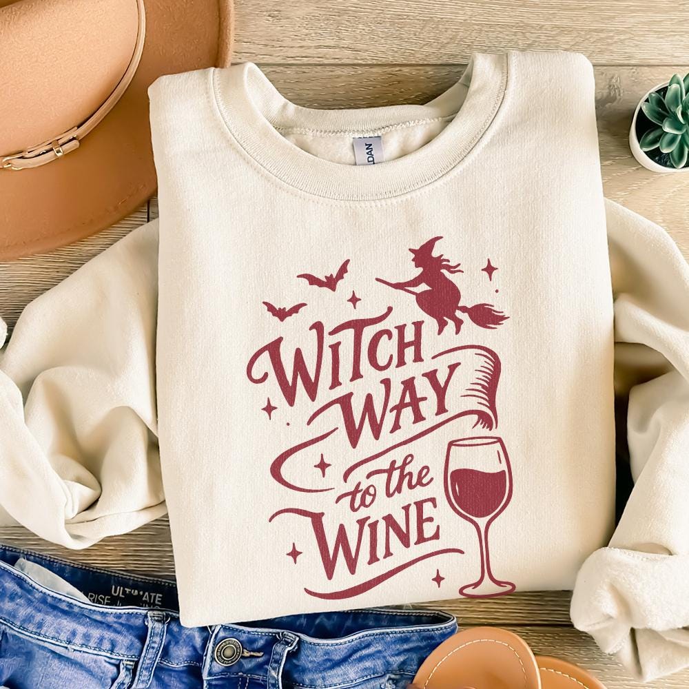 Witch Way To The Wine PNG T-Shirt Design, Funny Halloween PNG For Wine