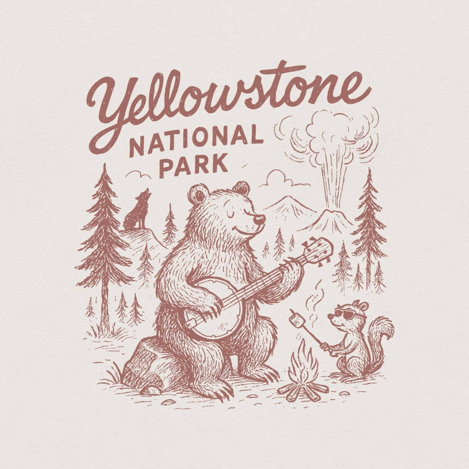 Retro camping digital design featuring a banjo-playing bear and a squirrel roasting a marshmallow in a rustic maroon ink style.