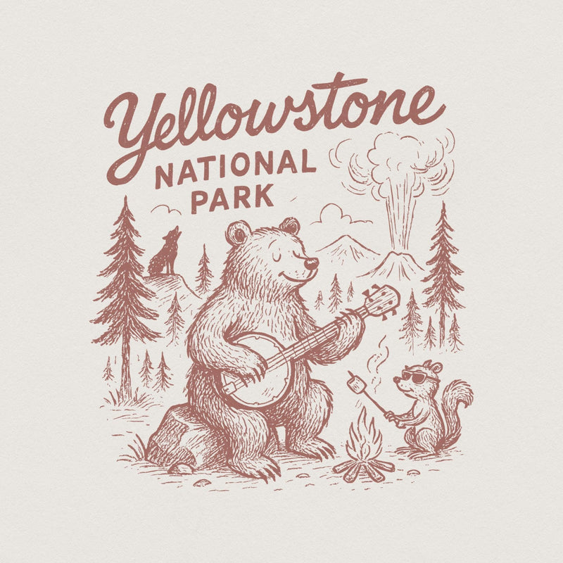 Retro camping digital design featuring a banjo-playing bear and a squirrel roasting a marshmallow in a rustic maroon ink style.