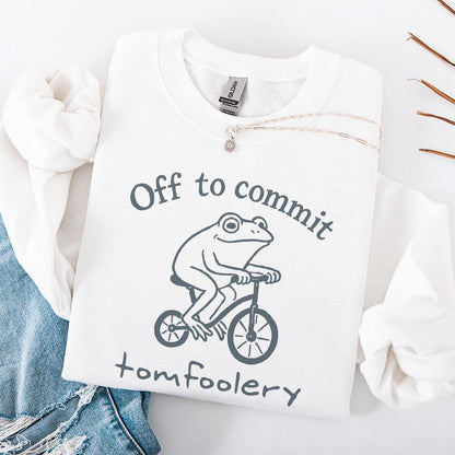 Off To Commit Tomfoolery Funny Frog on Bicycle, Whimsical Animal Humor
