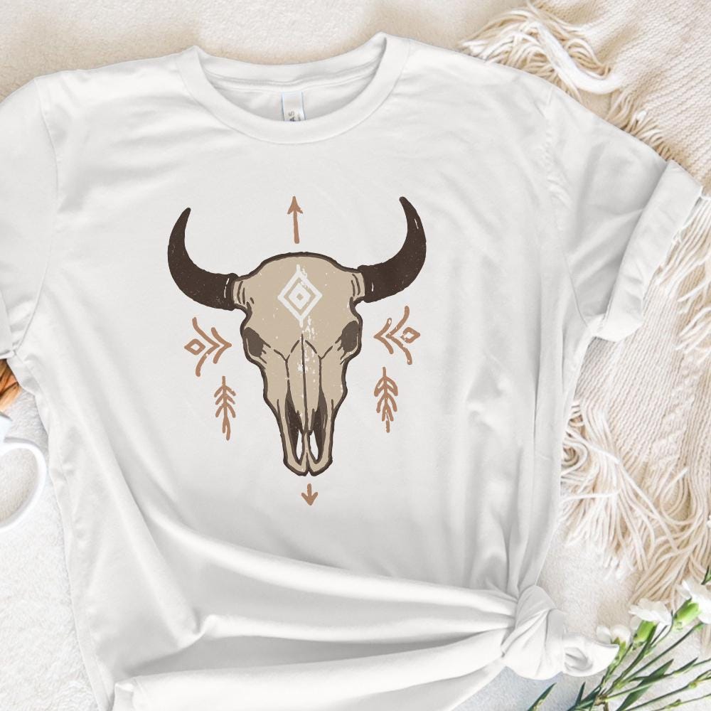 Boho Bull Skull PNG, Western Skull PNG Art - 300 DPI Design for T-Shirt