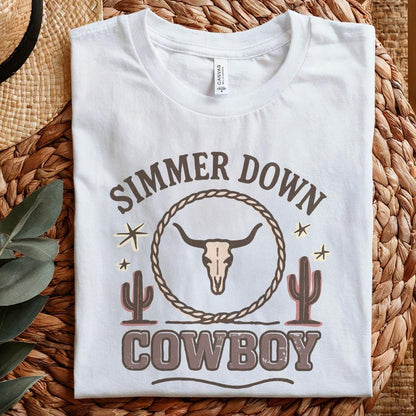 Simmer Down Cowboy PNG, Longhorn Western PNG Tee Design - 300 DPI Design