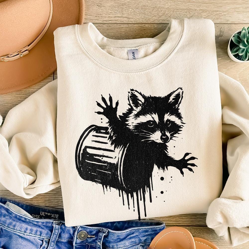 Funny Raccoon Trash Can PNG, Urban Street Art Animal Digital Download -