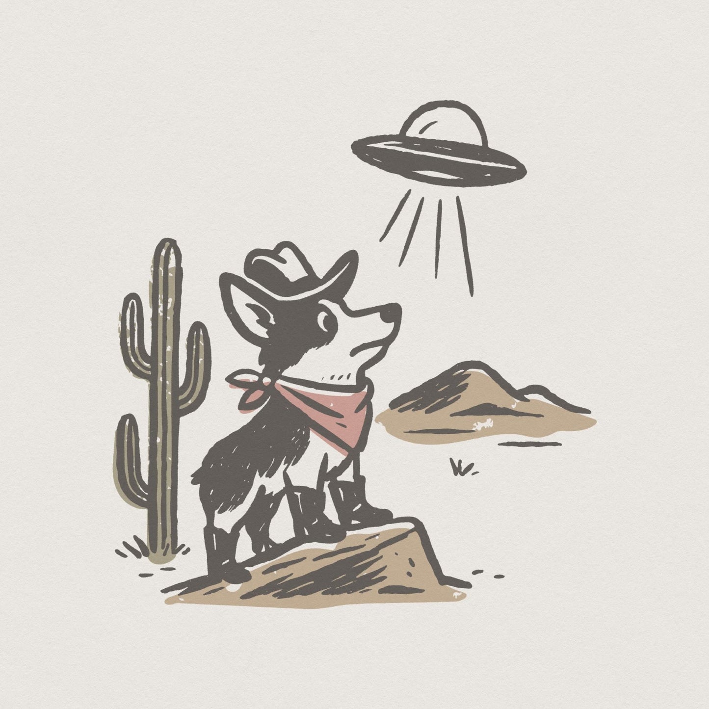 Retro Cowboy Dog and UFO Encounter PNG, Western Corgi Desert Funny Space