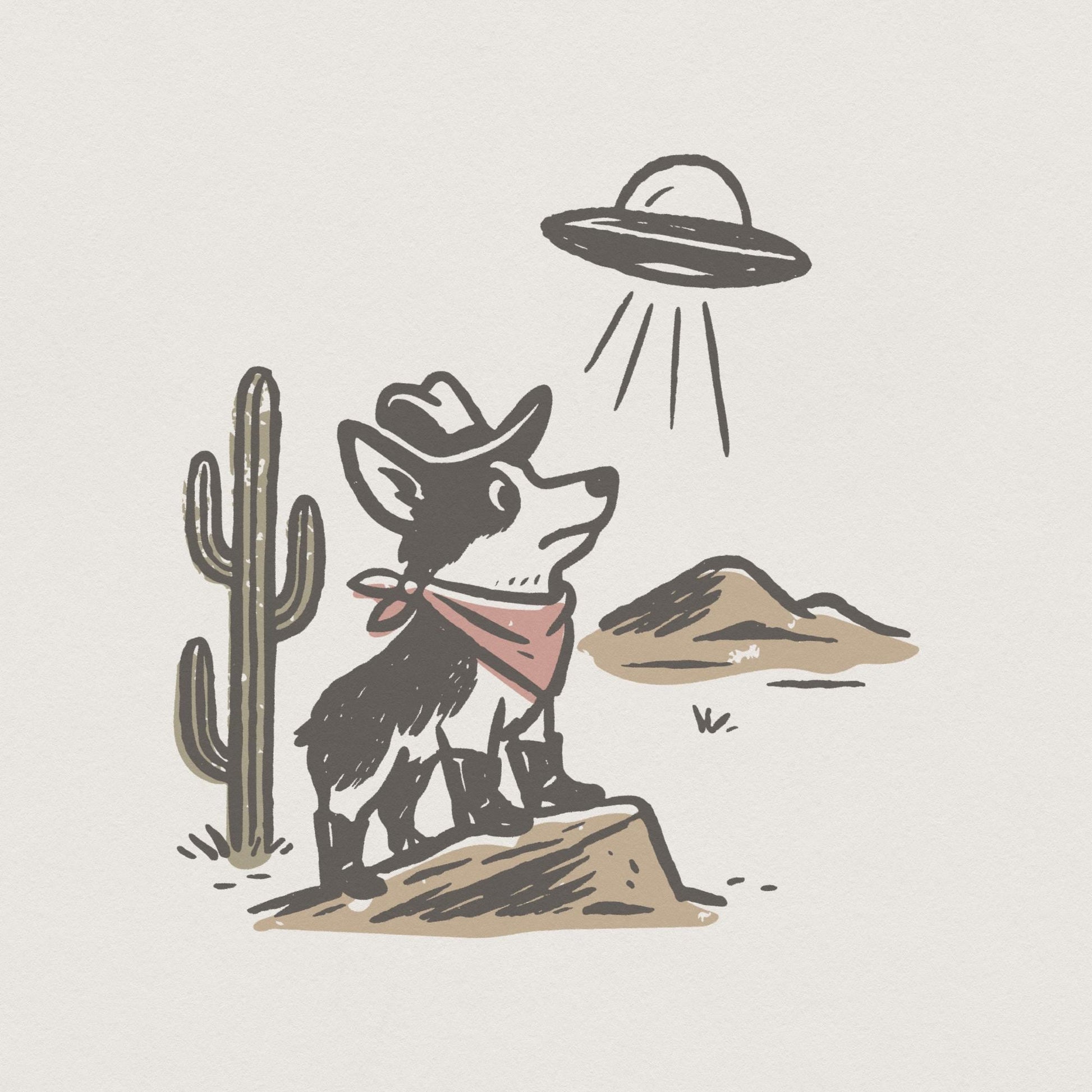 Retro Cowboy Dog and UFO Encounter PNG, Western Corgi Desert Funny Space