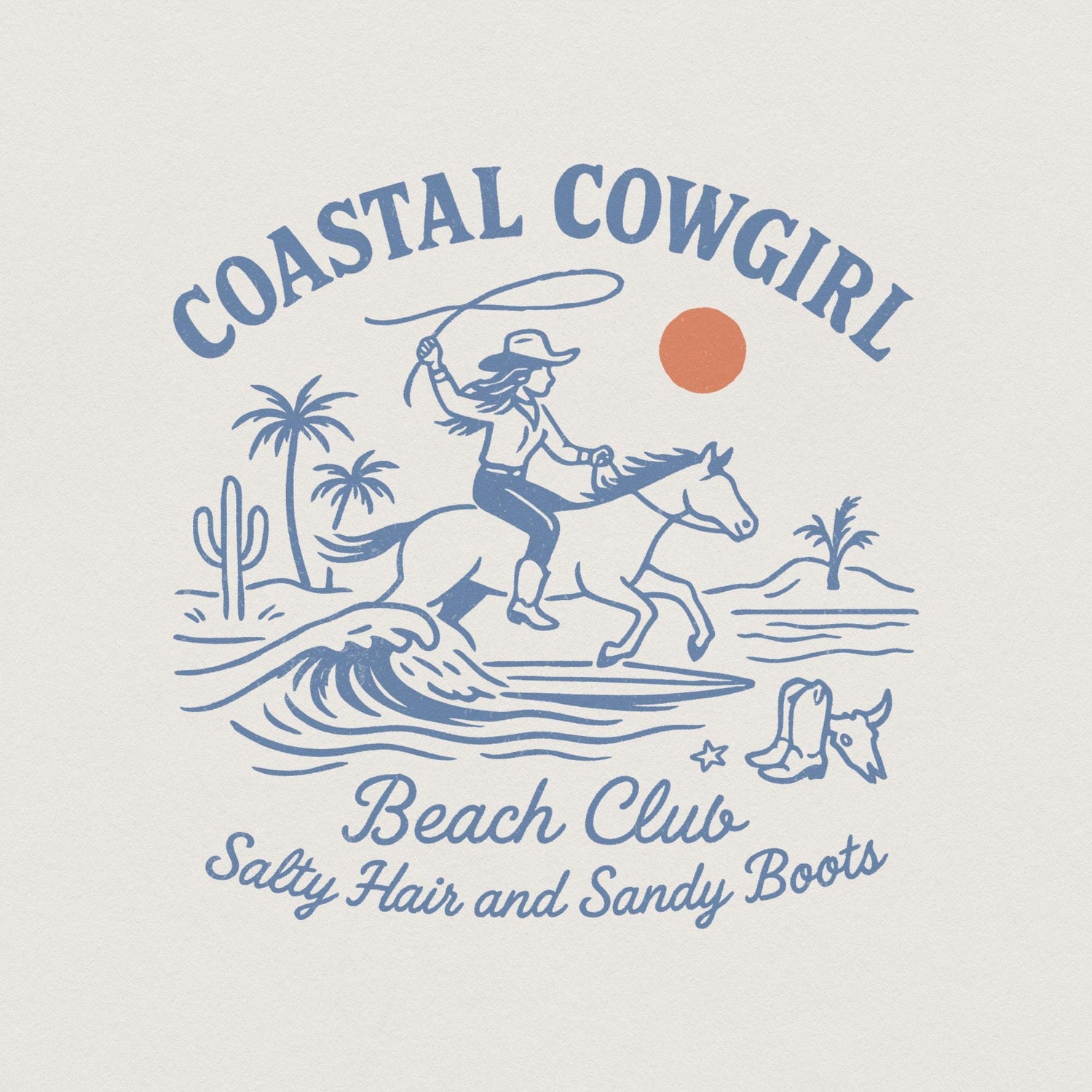 Retro coastal cowgirl design featuring a woman riding a horse through ocean waves with palm trees, cacti, and a sunset, in dusty blue and terracotta.