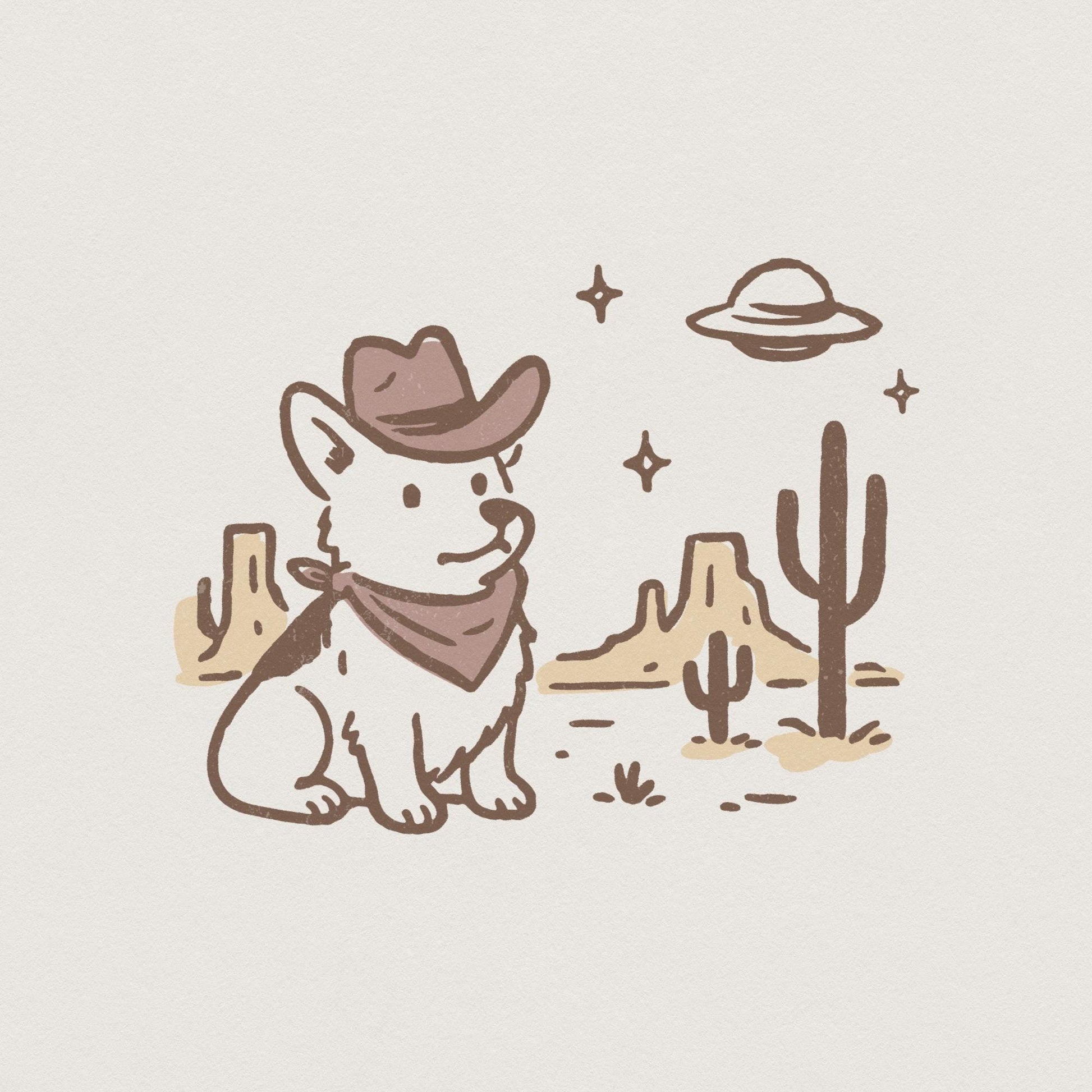 Retro Corgi Cowboy in Desert, Cute Dog with Bandana - 300 DPI Design for