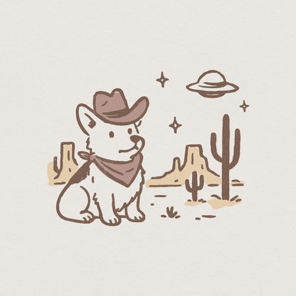 Retro Corgi Cowboy in Desert, Cute Dog with Bandana - 300 DPI Design for
