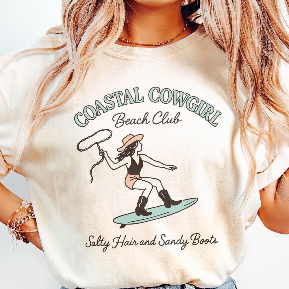 Coastal Cowgirl Beach Club PNG, Salty Hair and Sandy Boots - 300 DPI