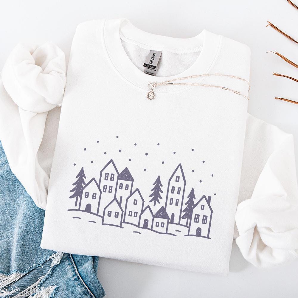 Minimalist Winter Village PNG, Hand Drawn Christmas Village PNG Art - 300