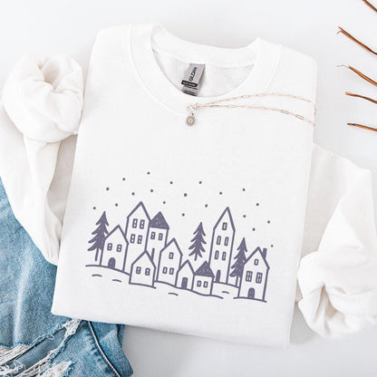 Minimalist Winter Village PNG, Hand Drawn Christmas Village PNG Art - 300