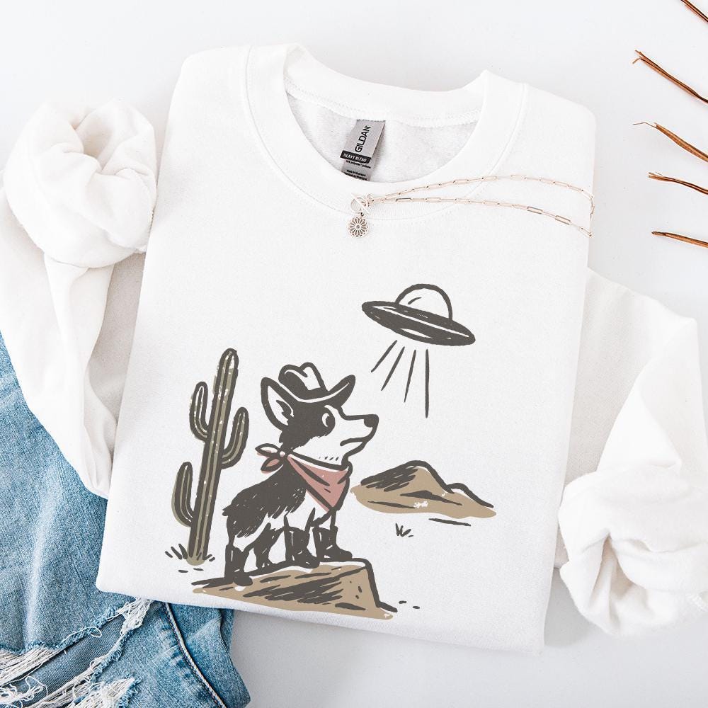 Retro Cowboy Dog and UFO Encounter PNG, Western Corgi Desert Funny Space