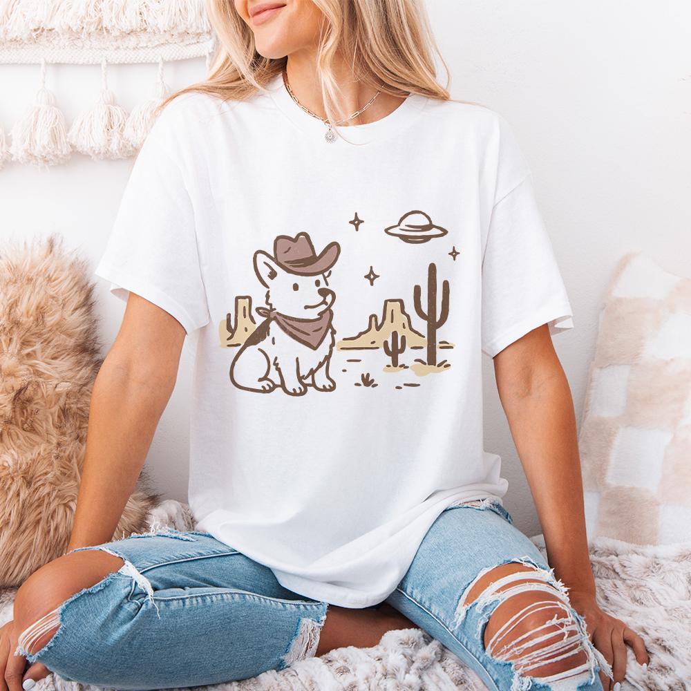 Retro Corgi Cowboy in Desert, Cute Dog with Bandana - 300 DPI Design for
