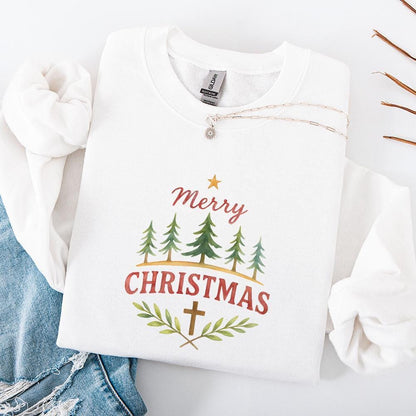 Merry Christmas Watercolor PNG, Christian Christmas Cross PNG - 300 DPI