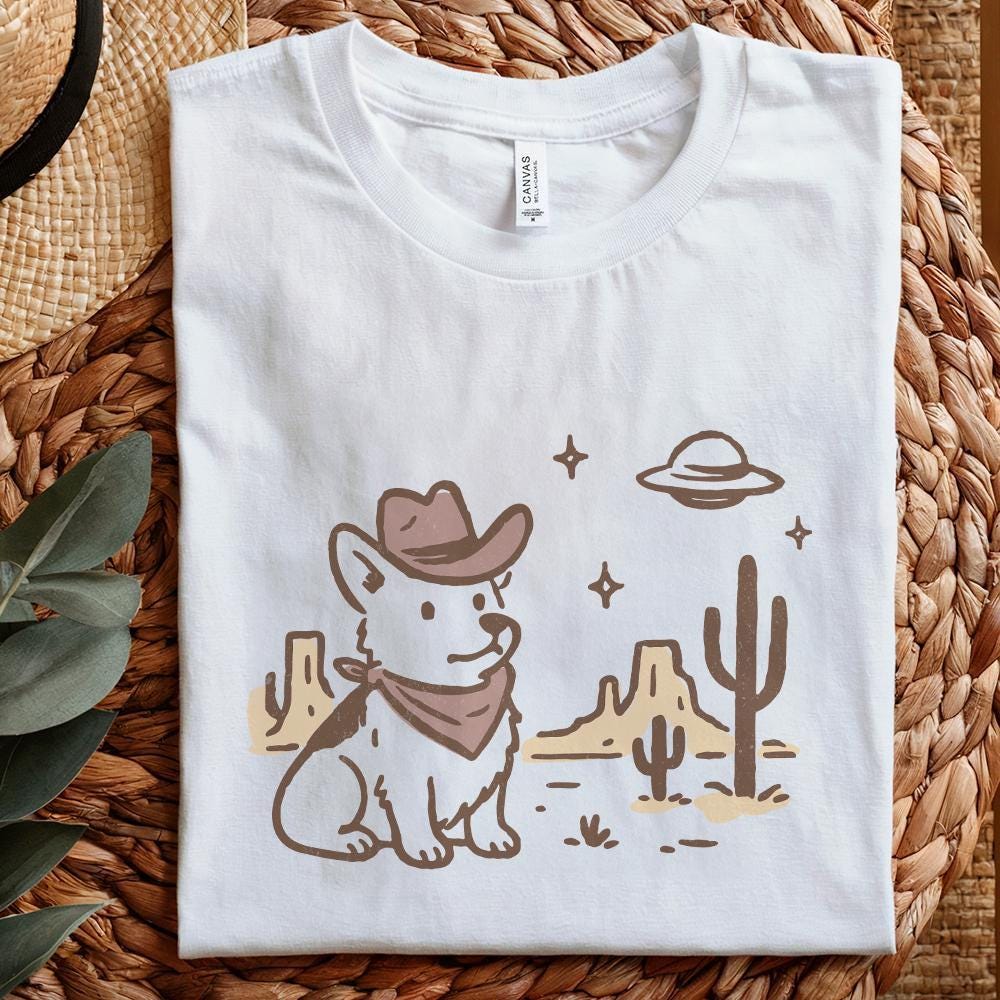 Retro Corgi Cowboy in Desert, Cute Dog with Bandana - 300 DPI Design for