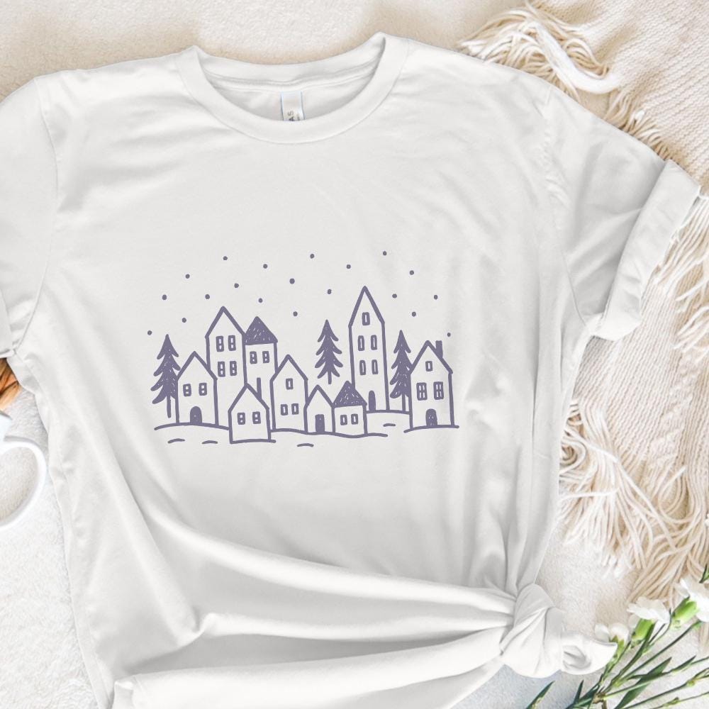 Minimalist Winter Village PNG, Hand Drawn Christmas Village PNG Art - 300