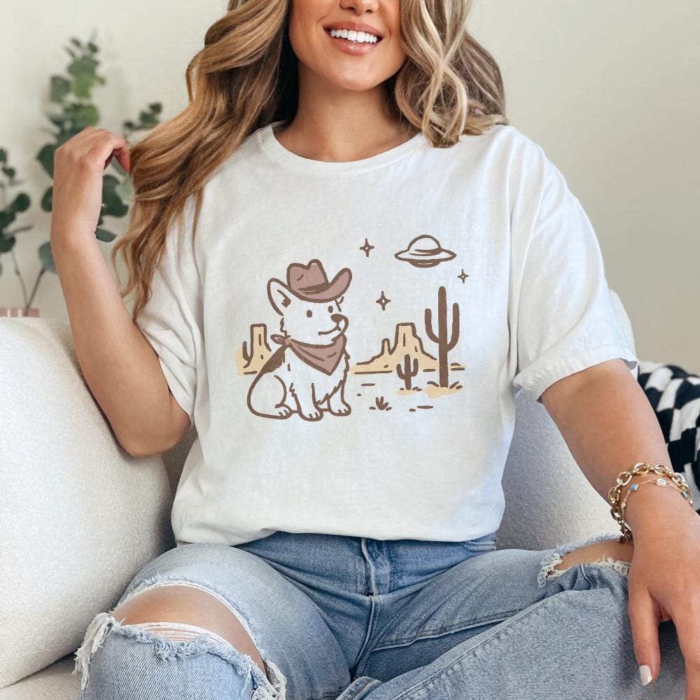 Retro Corgi Cowboy in Desert, Cute Dog with Bandana - 300 DPI Design for