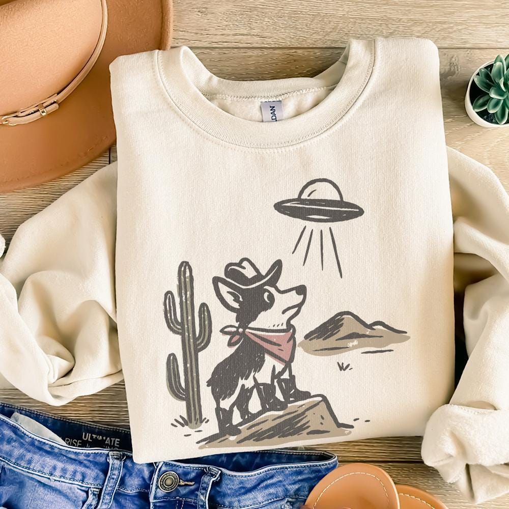 Retro Cowboy Dog and UFO Encounter PNG, Western Corgi Desert Funny Space