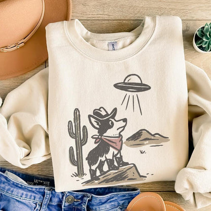 Retro Cowboy Dog and UFO Encounter PNG, Western Corgi Desert Funny Space