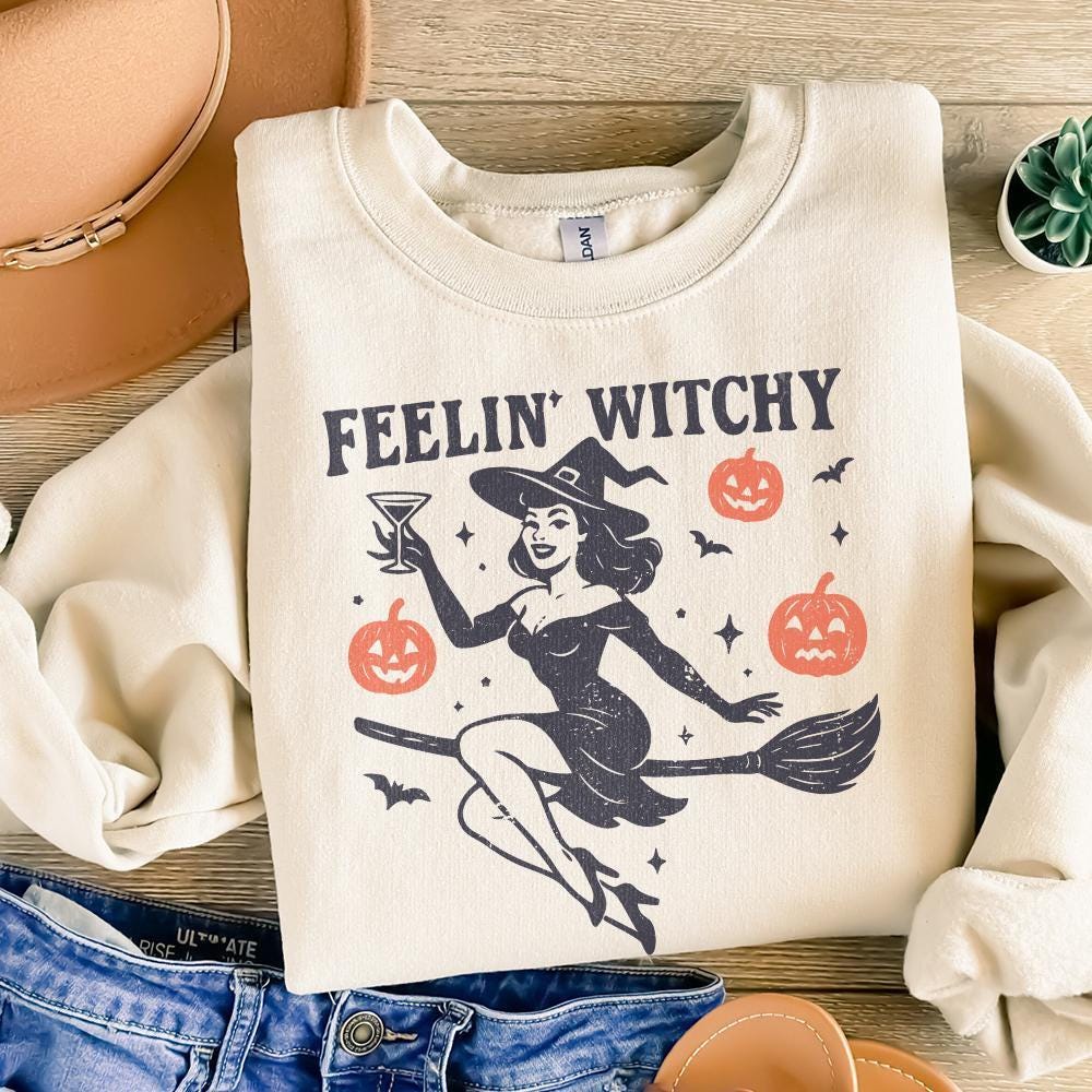 Feelin' Witchy PNG, Retro Witch Halloween PNG - 300 DPI Design for T-Shirt