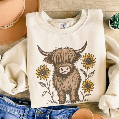 Highland Cow PNG Clipart, Cute Cow With Sunflowers PNG - 300 DPI Design