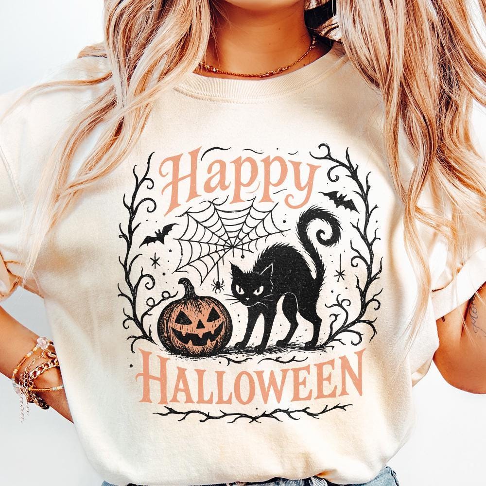 Happy Halloween PNG, Black Cat and Pumpkin Clipart PNG for T-Shirts - 300