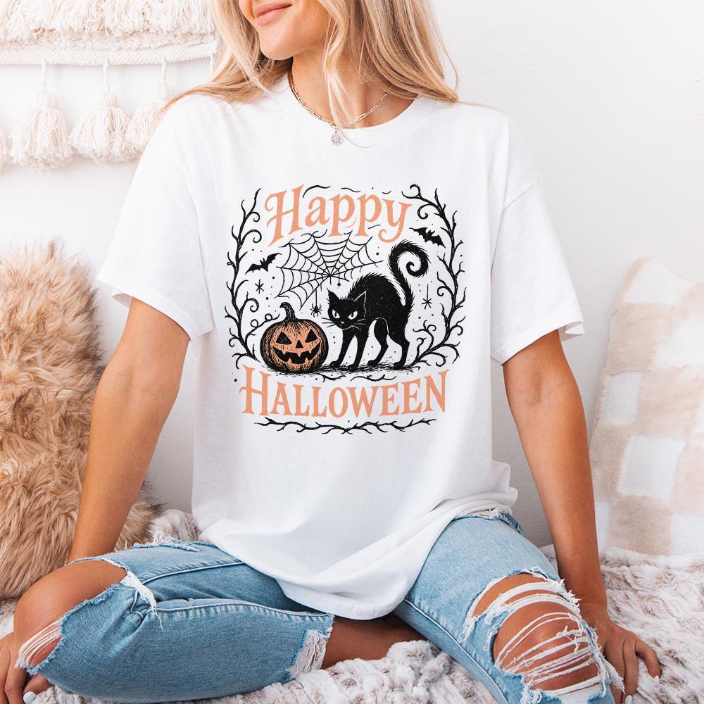 Happy Halloween PNG, Black Cat and Pumpkin Clipart PNG for T-Shirts - 300
