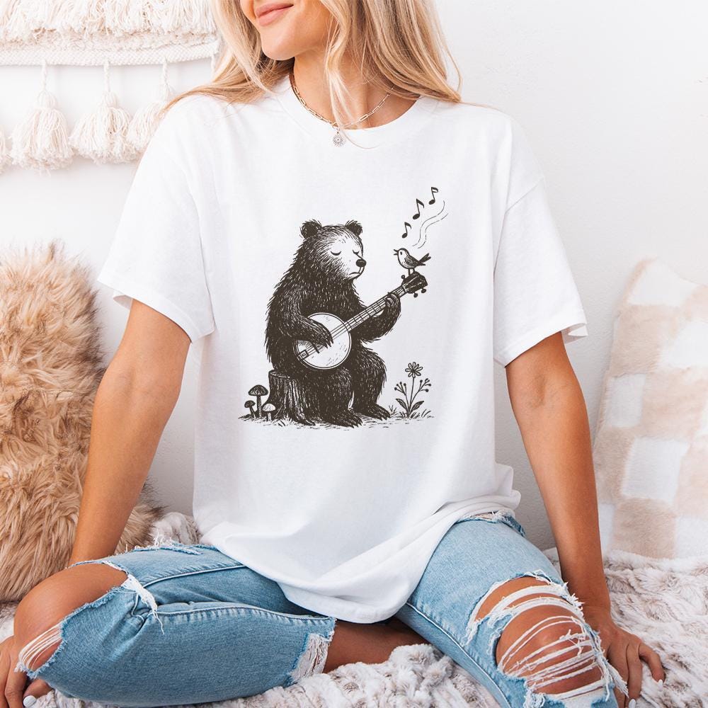 Bear Playing Banjo With Singing Bird PNG - Whimsical Animal Folk Art,