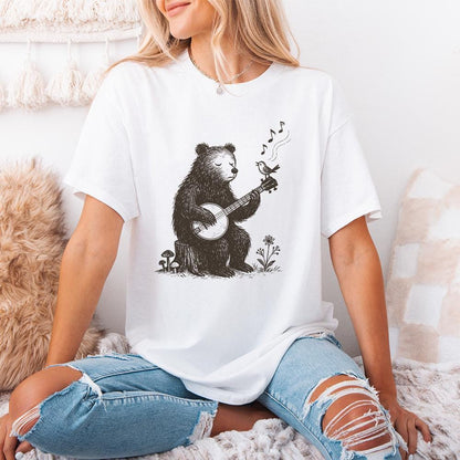 Bear Playing Banjo With Singing Bird PNG - Whimsical Animal Folk Art,