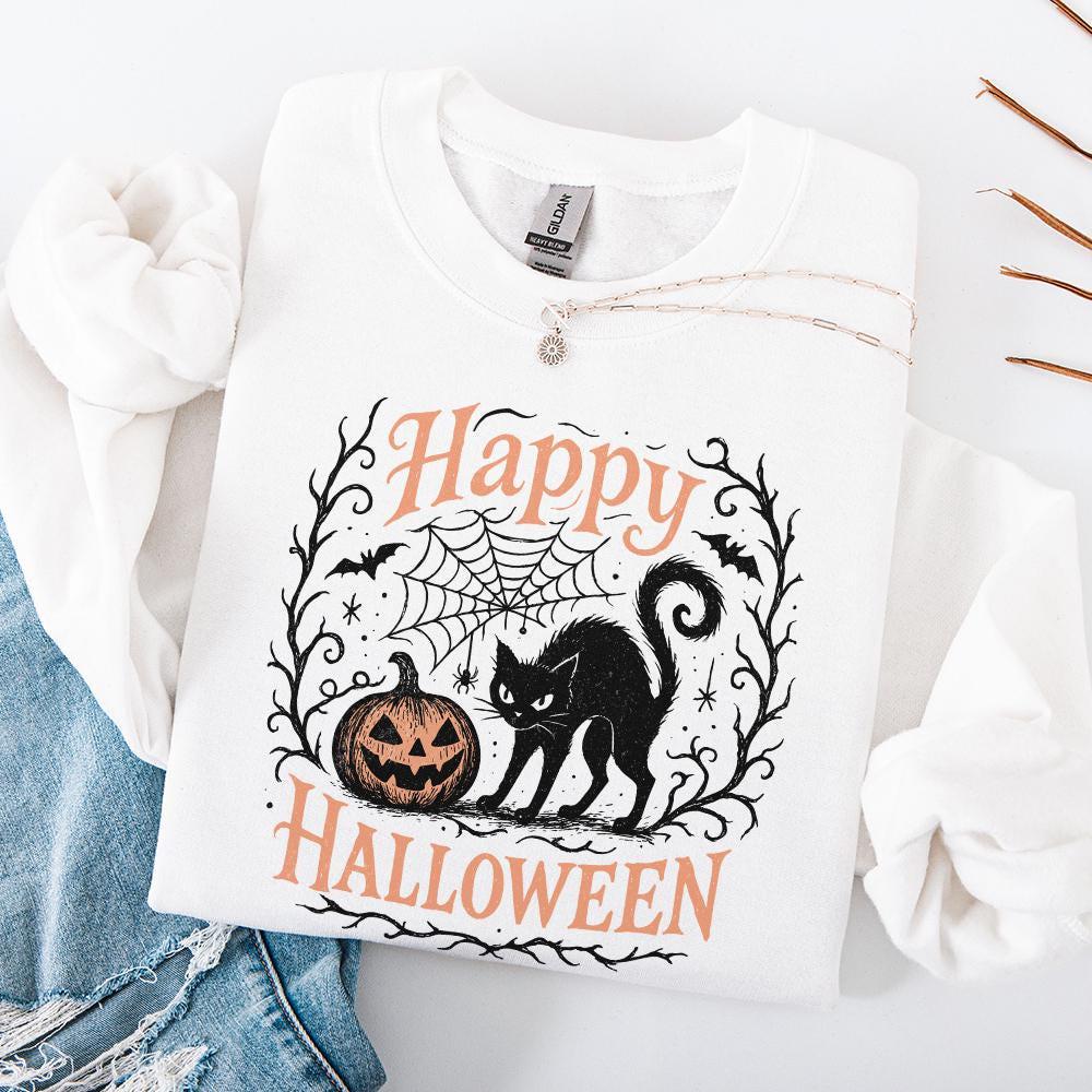 Happy Halloween PNG, Black Cat and Pumpkin Clipart PNG for T-Shirts - 300