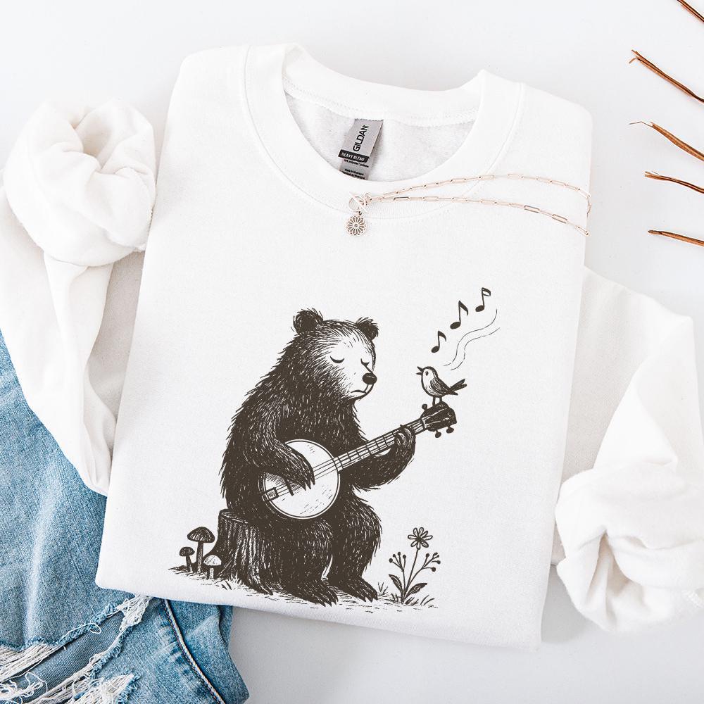 Bear Playing Banjo With Singing Bird PNG - Whimsical Animal Folk Art,