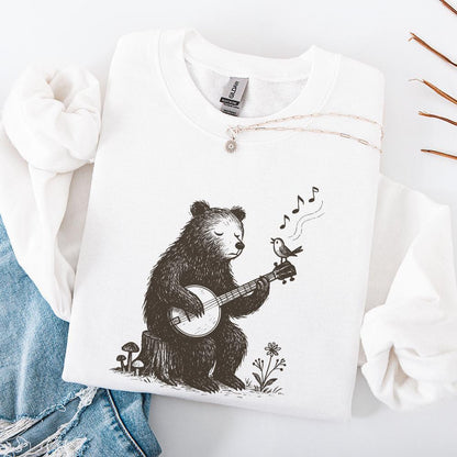Bear Playing Banjo With Singing Bird PNG - Whimsical Animal Folk Art,