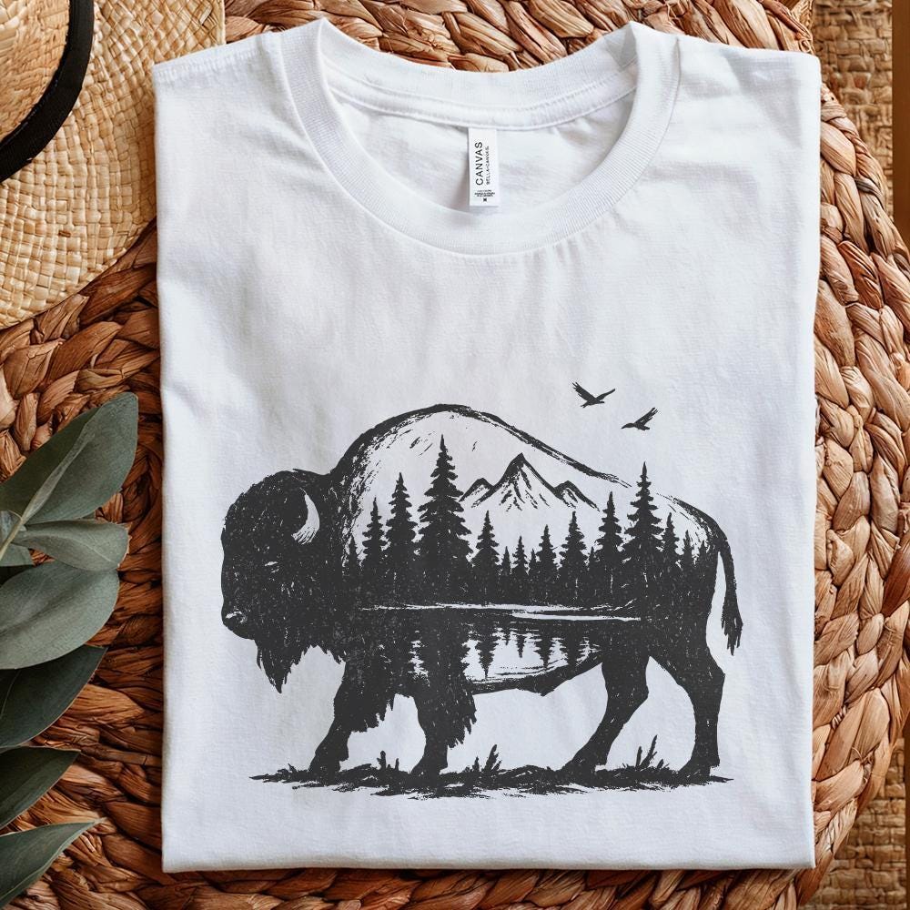 Bison Double Exposure PNG, Nature Mountain Forest Wildlife Rustic - 300
