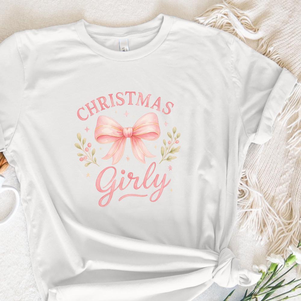 Christmas Girly PNG, Pink Bow Holiday PNG Shirt - 300 DPI Design for