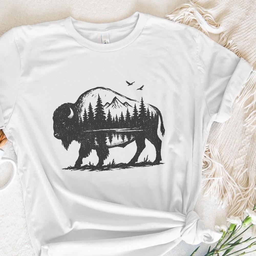 Bison Double Exposure PNG, Nature Mountain Forest Wildlife Rustic - 300