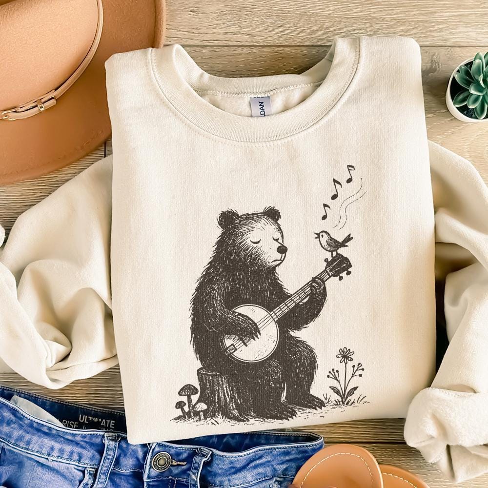 Bear Playing Banjo With Singing Bird PNG - Whimsical Animal Folk Art,