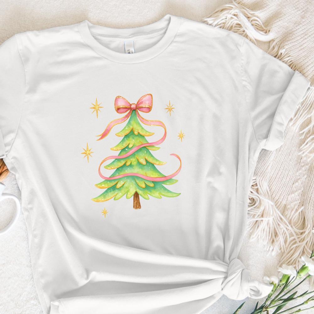 Watercolor Christmas Tree With Pink Ribbon, Christmas Tree PNG Clipart -