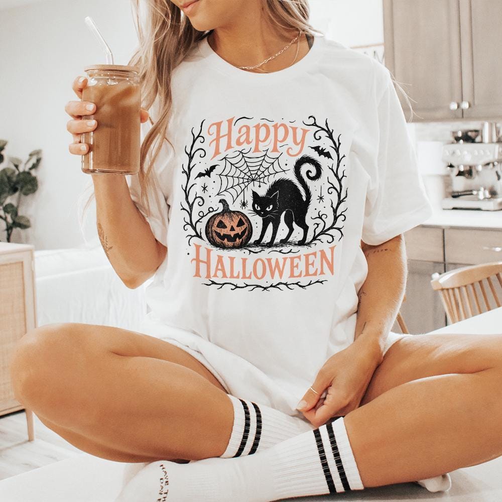 Happy Halloween PNG, Black Cat and Pumpkin Clipart PNG for T-Shirts - 300