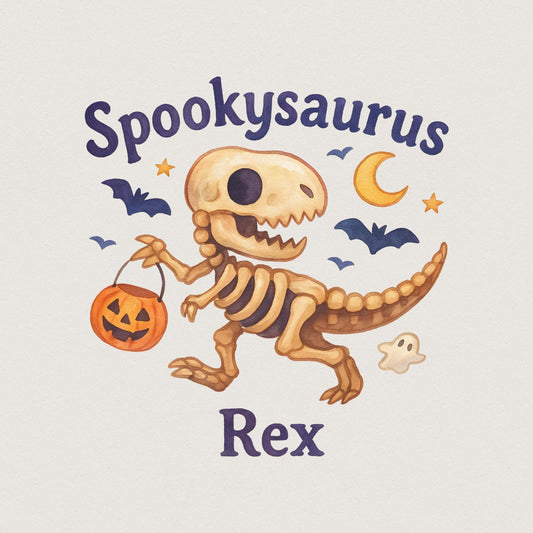 Spookysaurus Rex PNG Halloween Dinosaur PNG With Pumpkin Basket, Ghost -