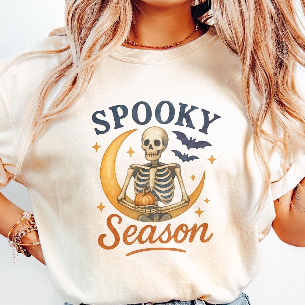 Spooky Season PNG, Halloween Skeleton on Crescent Moon - 300 DPI Design
