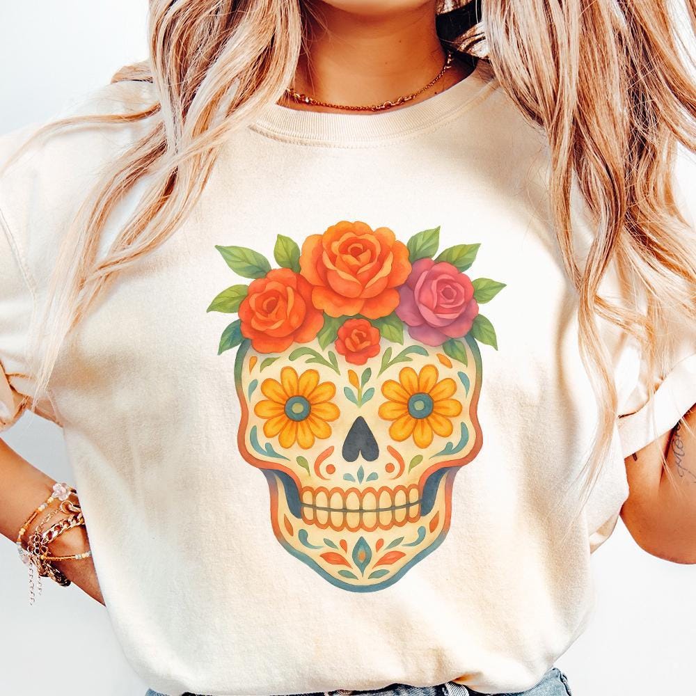 Sugar Skull Floral PNG, Day of the Dead PNG - 300 DPI Design for T-Shirt