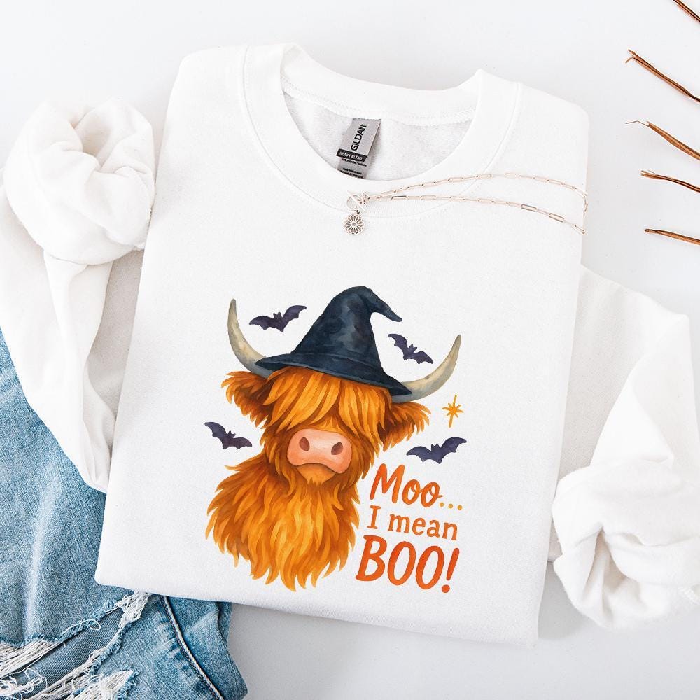 Moo... I Mean Boo! Highland Cow Halloween PNG, Witch Hat Animal Art - 300