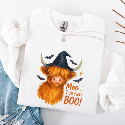Moo... I Mean Boo! Highland Cow Halloween PNG, Witch Hat Animal Art - 300