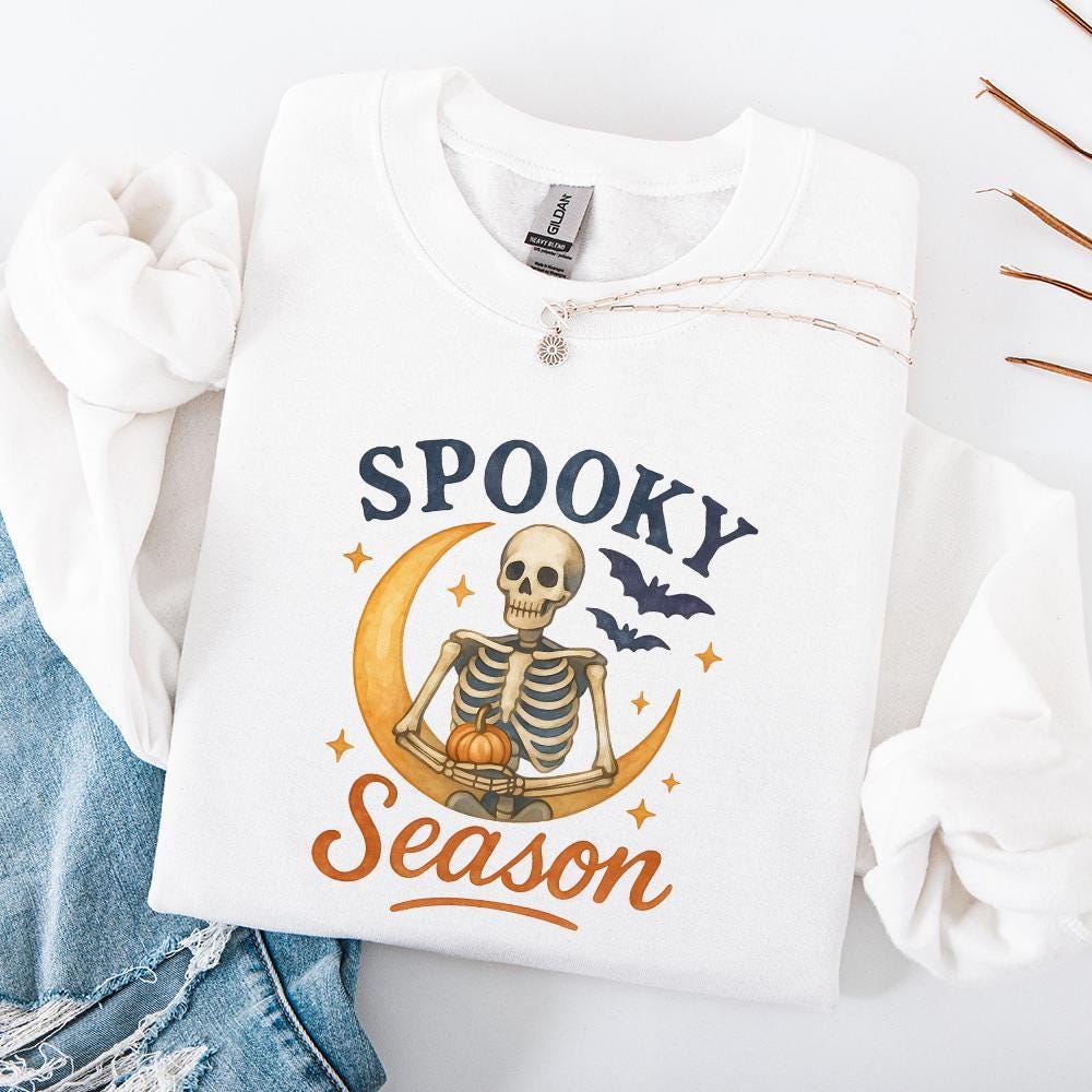 Spooky Season PNG, Halloween Skeleton on Crescent Moon - 300 DPI Design